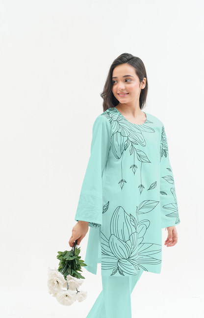 2 PIECE EMRODERED LAWN SUIT SEA GREEN KRS-1024