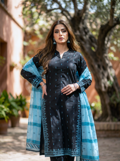 3 PIECE EMBROIDED LAWN SUIT BLACK KMB 4001