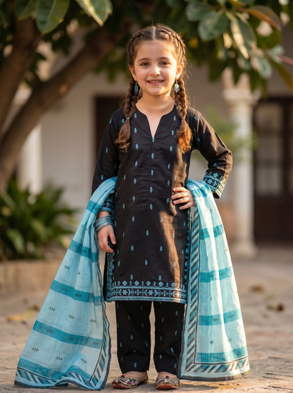 3 PIECE EMBROIDED LAWN SUIT BLACK KMB 4001