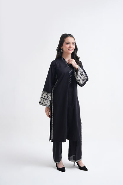2 PIECE EMRODERED LAWN SUIT BLACK KV-1024
