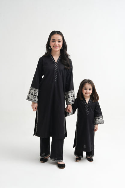 2 PIECE EMRODERED LAWN SUIT BLACK KV-1024