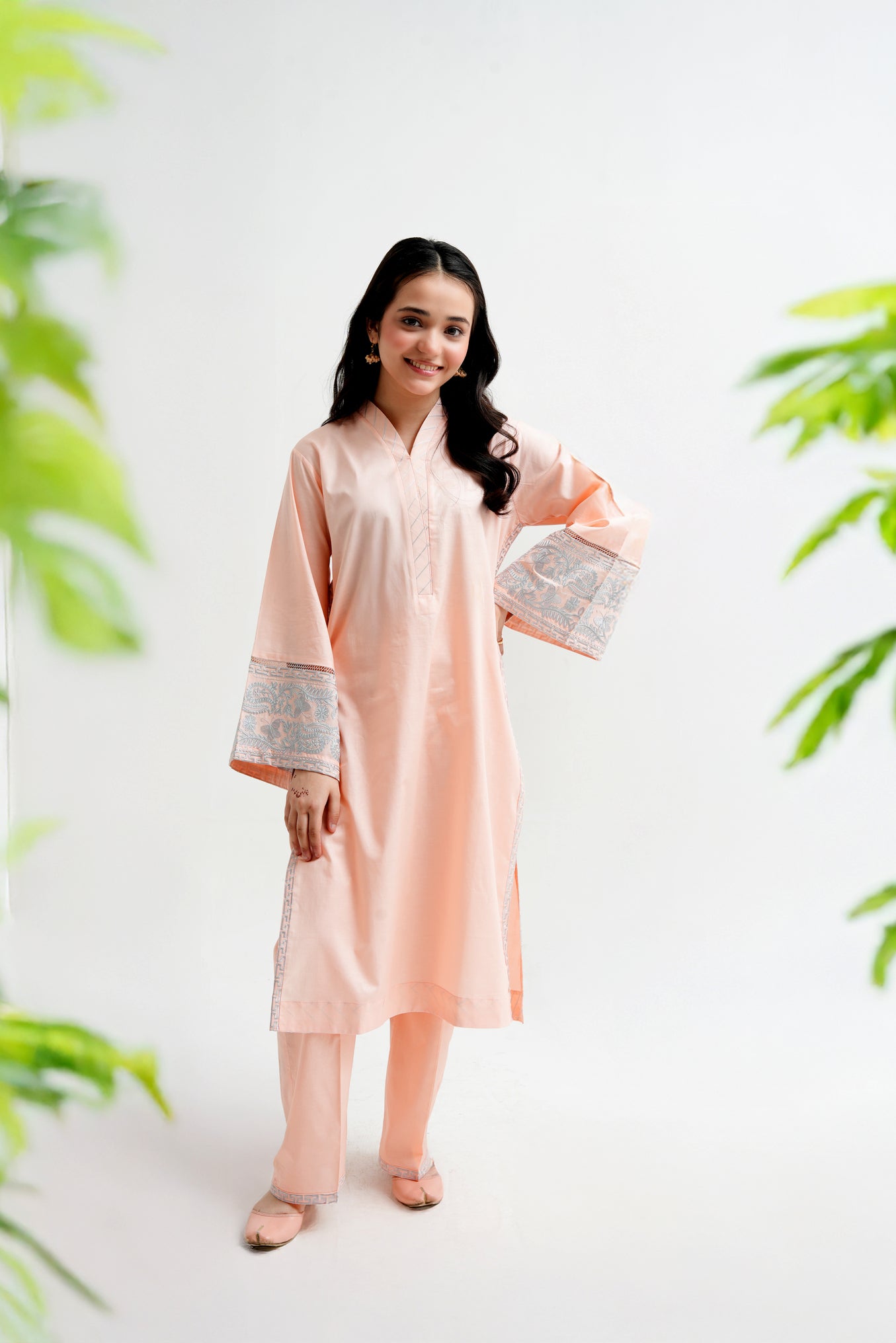 2 PIECE EMRODERED LAWN SUIT PEACH KV-2023