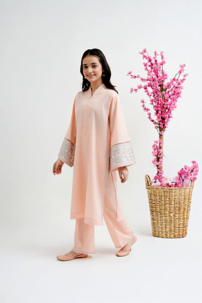 2 PIECE EMRODERED LAWN SUIT PEACH KV-2023