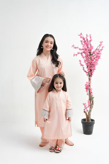 2 PIECE EMRODERED LAWN SUIT PEACH KV-2023