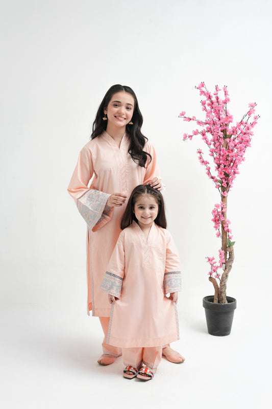2 PIECE EMRODERED LAWN SUIT PEACH KV-2023