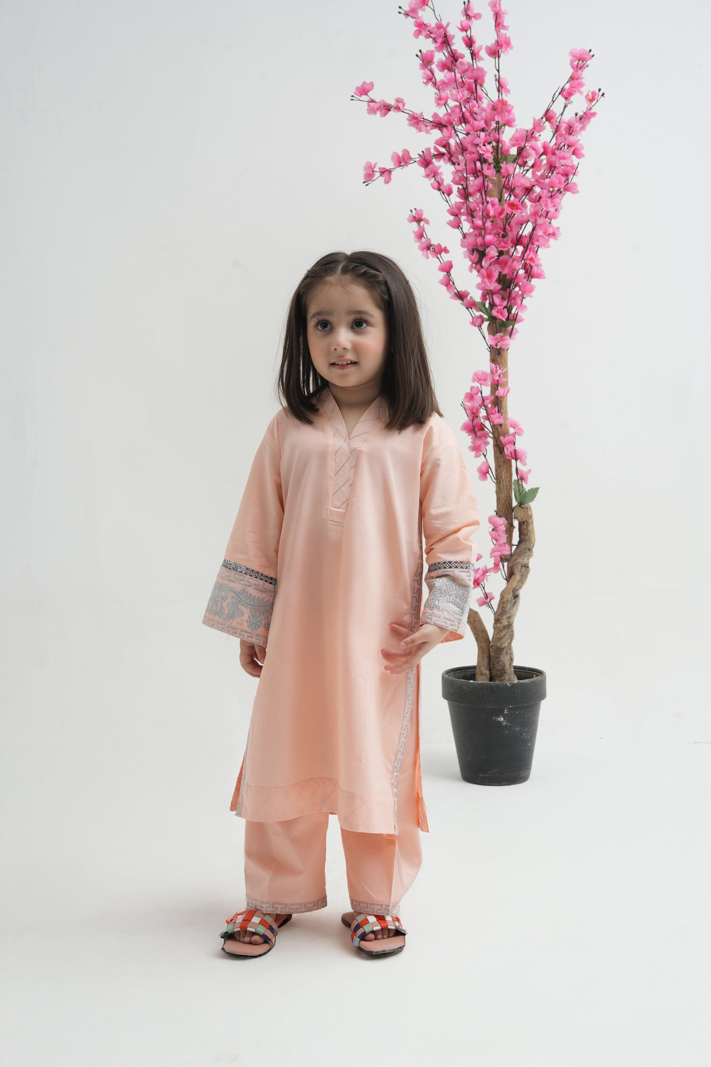 2 PIECE EMRODERED LAWN SUIT PEACH KV-2023