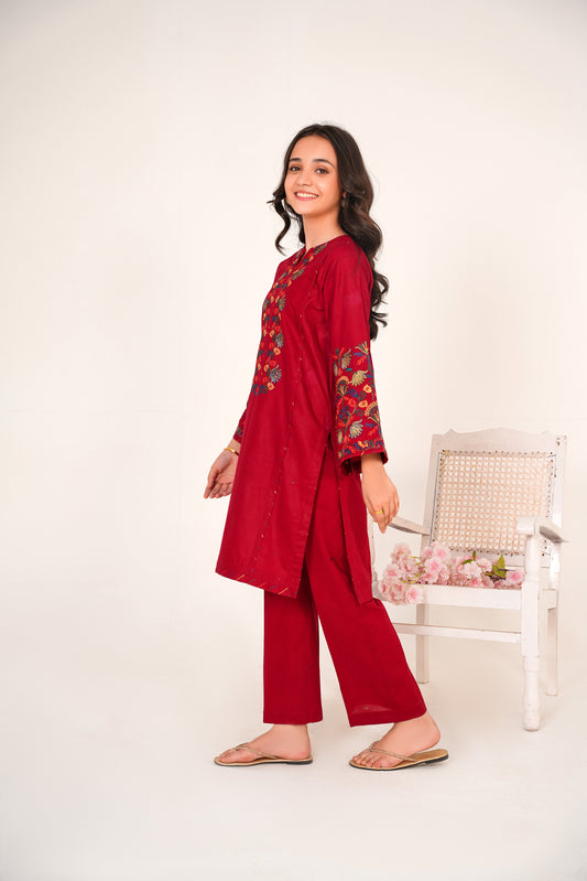 2 PIECE EMBROIDERED LAWN SUIT RED KDR 2108