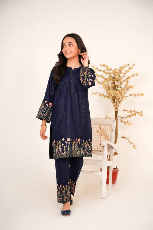 2 PIECE EMBROIDERED LAWN SUIT SINGLE BORDER NAVY BLUE 2102