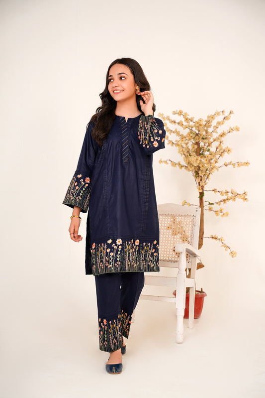 2 PIECE EMBROIDERED LAWN SUIT SINGLE BORDER NAVY BLUE 2102