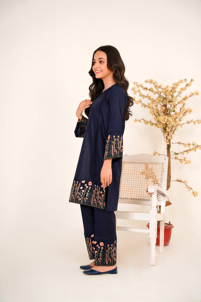 2 PIECE EMBROIDERED LAWN SUIT SINGLE BORDER NAVY BLUE 2102