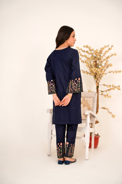 2 PIECE EMBROIDERED LAWN SUIT SINGLE BORDER NAVY BLUE 2102