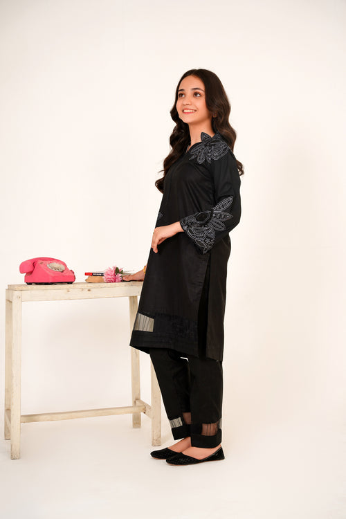 2 PIECE EMBROIDERED LAWN SUIT BLACK POCKET  2110