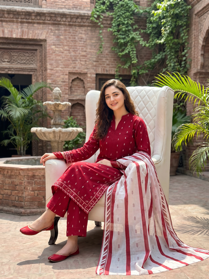 3 PIECE EMBROIDED LAWN SUIT RED KMB 4004
