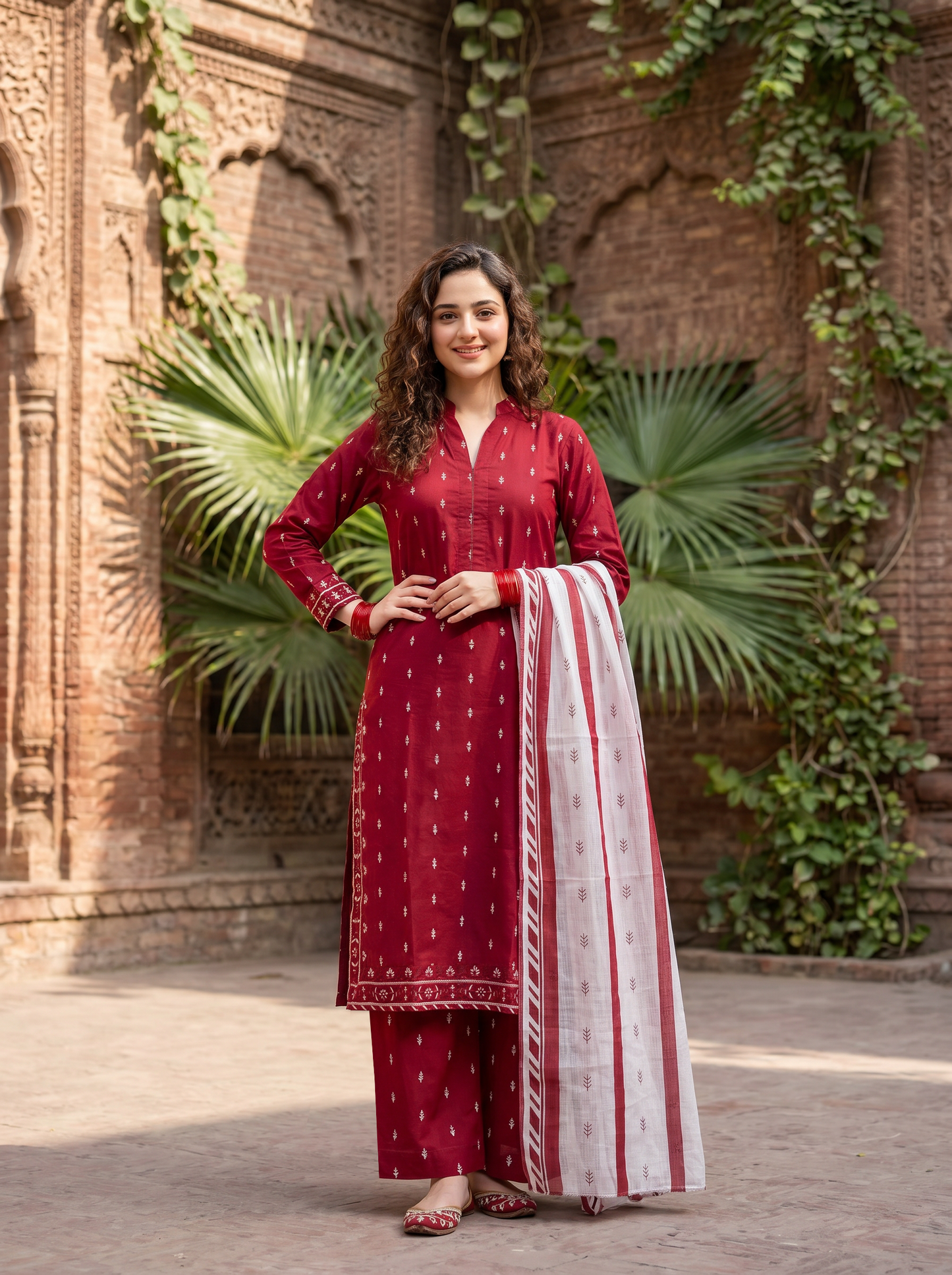 3 PIECE EMBROIDED LAWN SUIT RED KMB 4004
