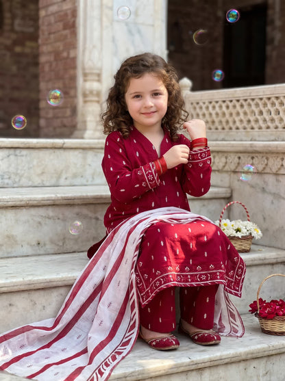 3 PIECE EMBROIDED LAWN SUIT RED KMB 4004