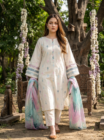 3 PIECE EMBROIDED LAWN SUIT WHITE KCB 4003