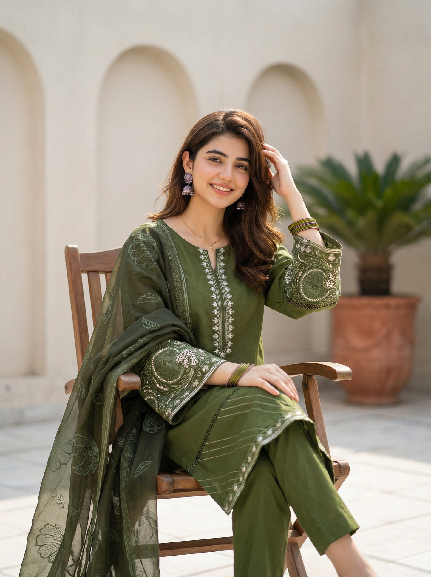 3 PIECE EMBROIDED LAWN SUIT OLIVE KCG 4000