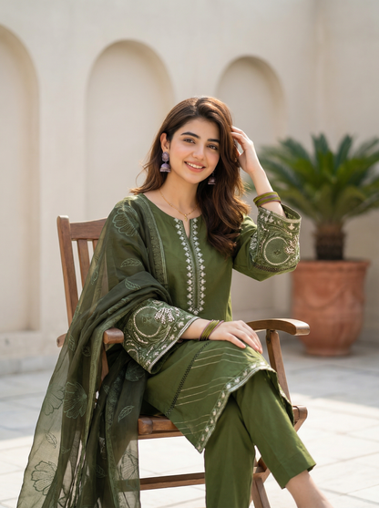 3 PIECE EMBROIDED LAWN SUIT OLIVE KCG 4000