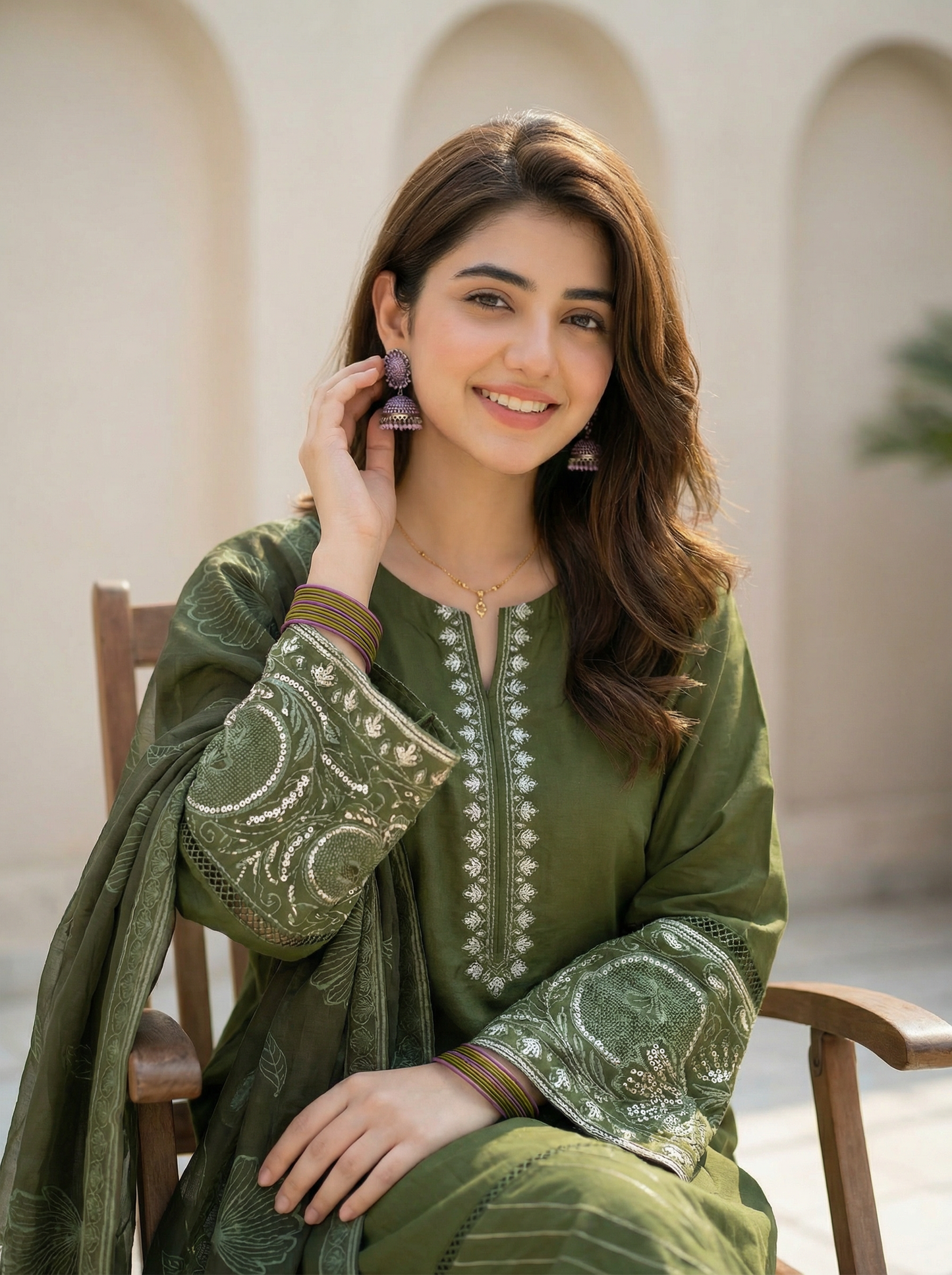 3 PIECE EMBROIDED LAWN SUIT OLIVE KCG 4000
