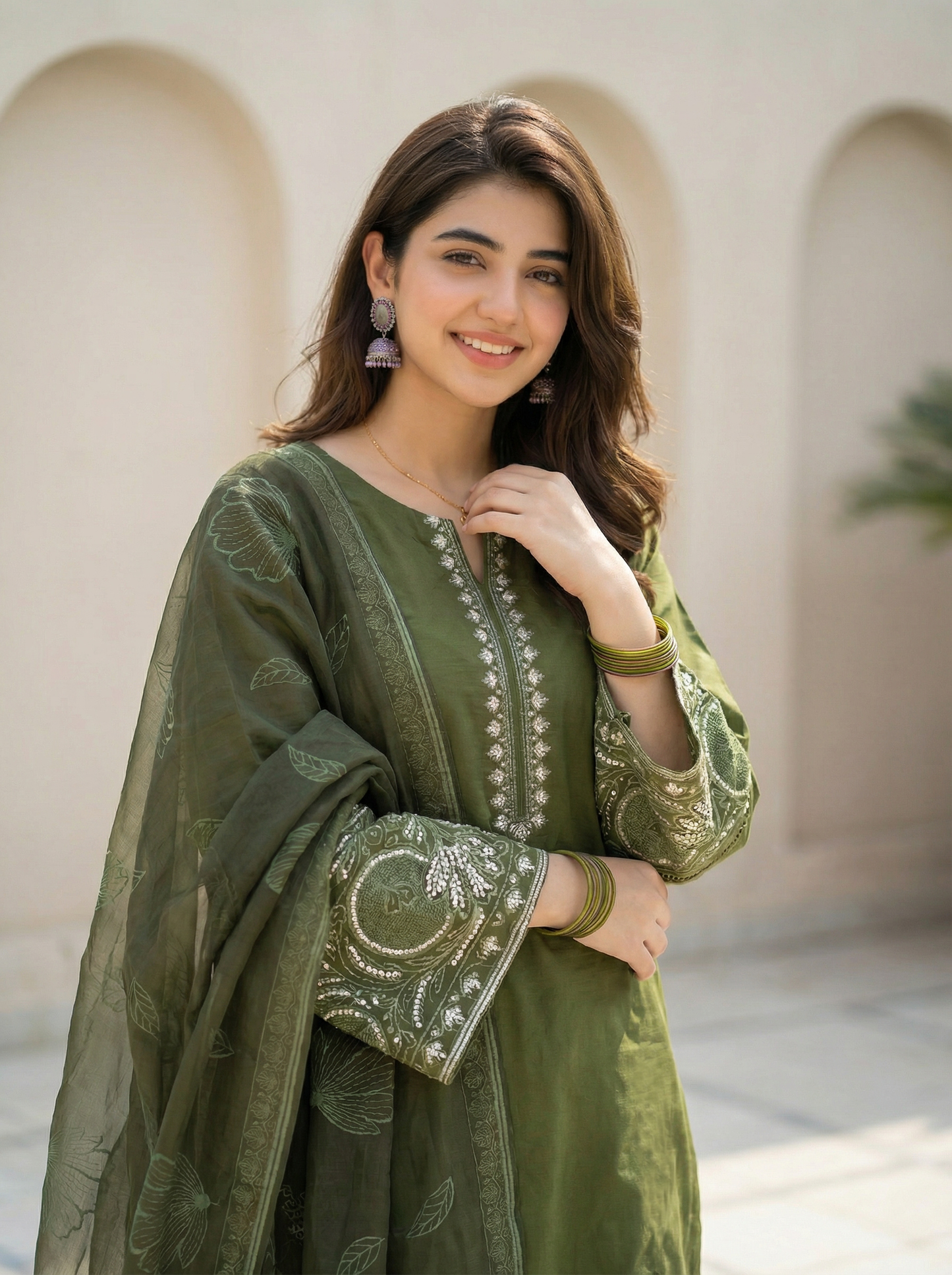 3 PIECE EMBROIDED LAWN SUIT OLIVE KCG 4000