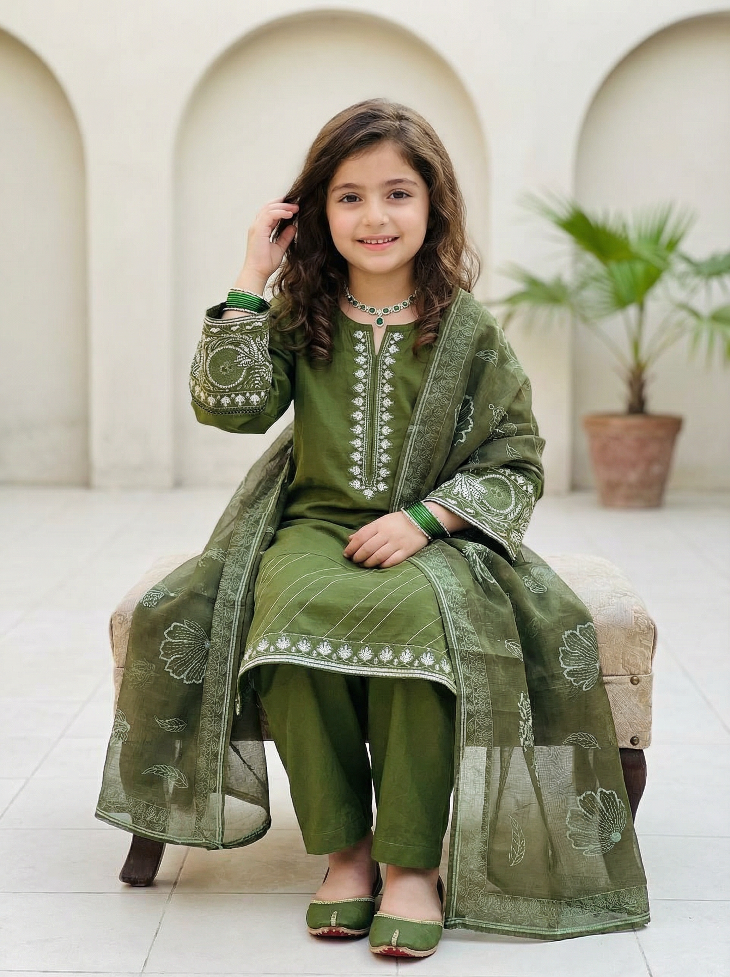 3 PIECE EMBROIDED LAWN SUIT OLIVE KCG 4000