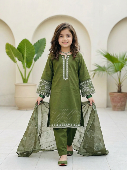 3 PIECE EMBROIDED LAWN SUIT OLIVE KCG 4000
