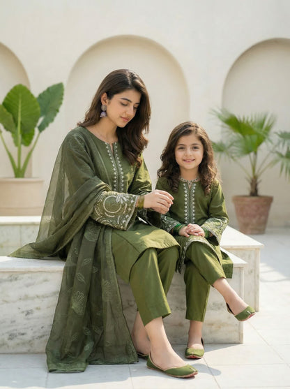 3 PIECE EMBROIDED LAWN SUIT OLIVE KCG 4000