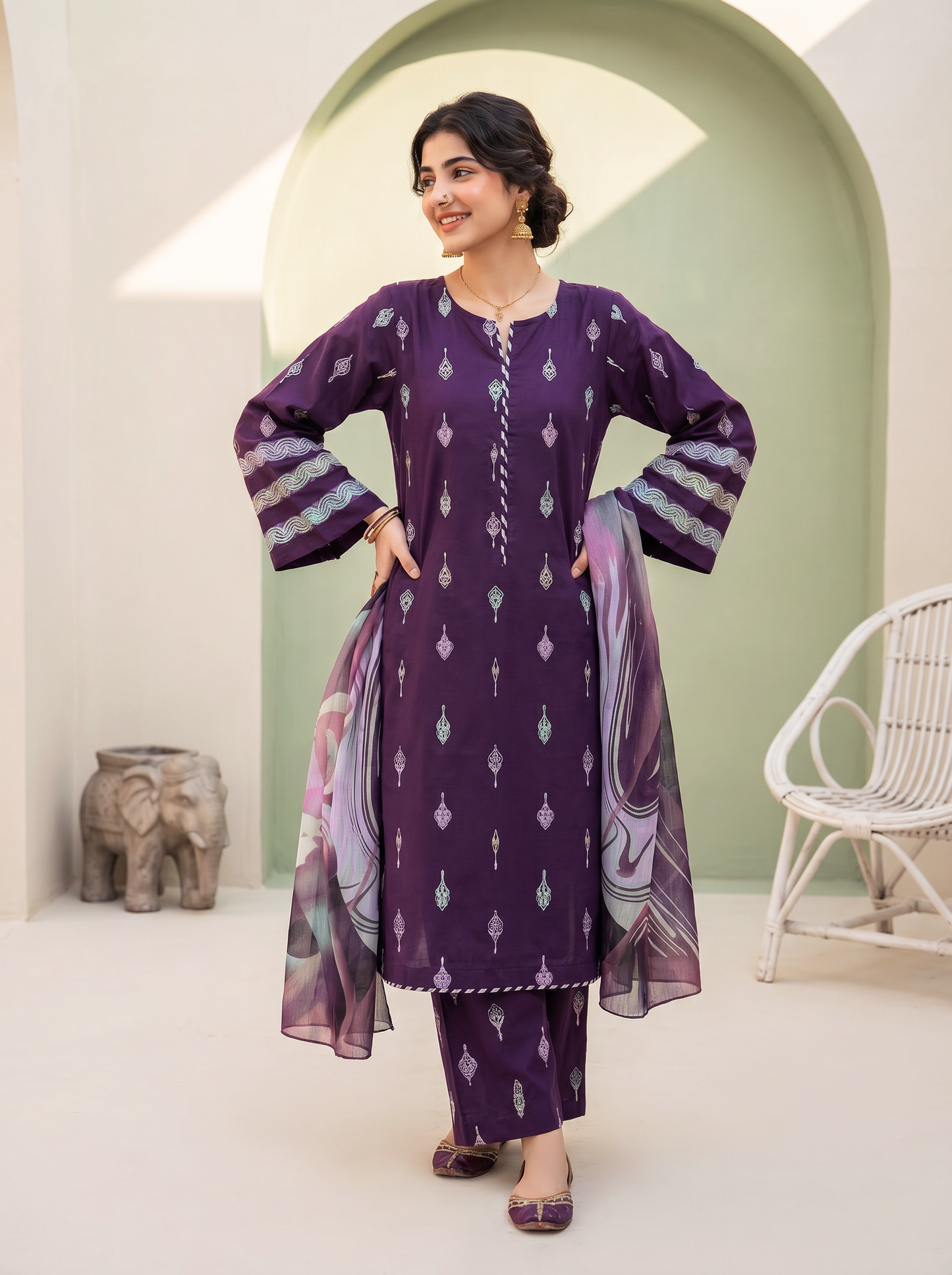 3 PIECE EMBROIDED LAWN SUIT PURPLE KCB 4005