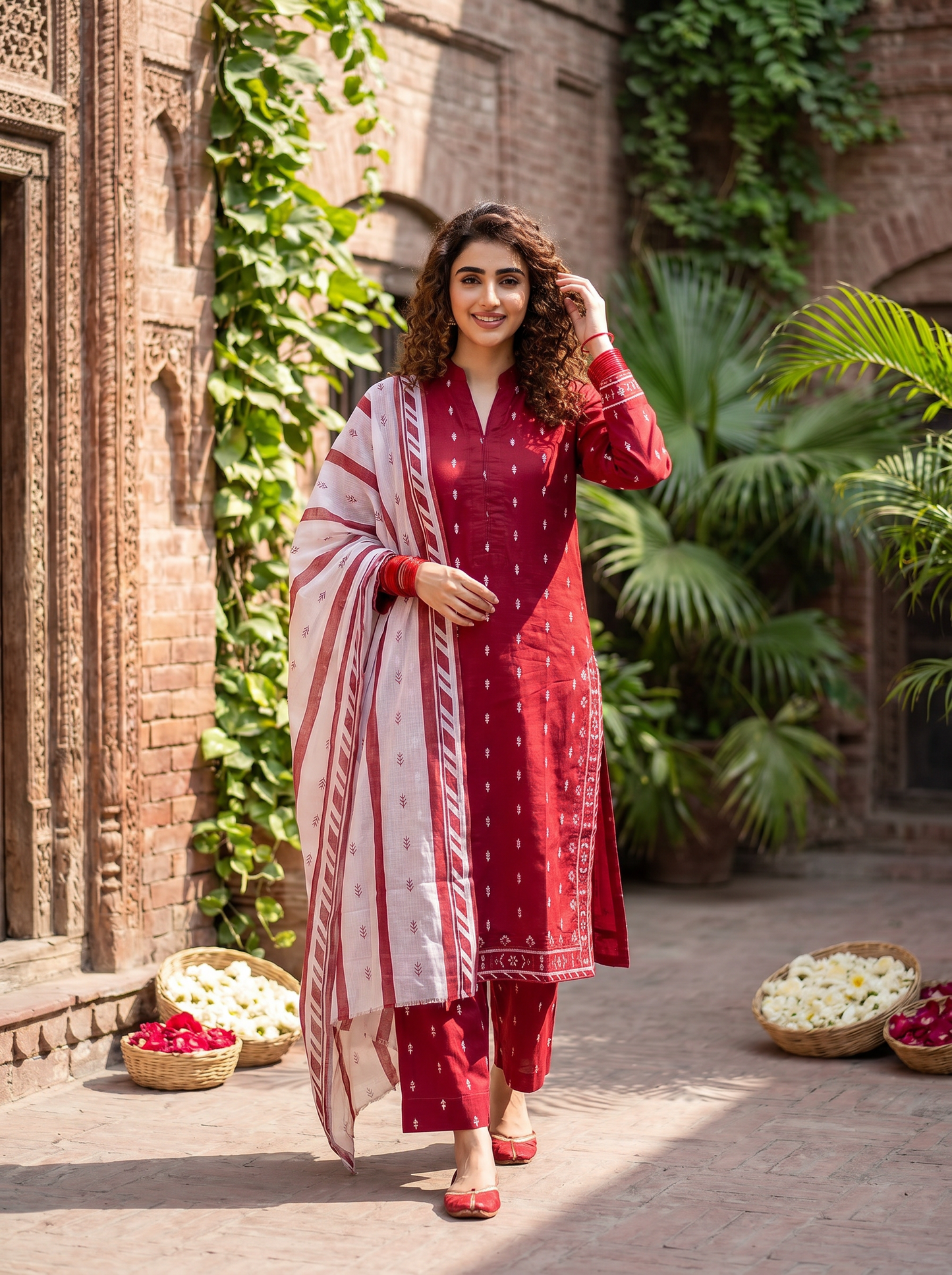 3 PIECE EMBROIDED LAWN SUIT RED KMB 4004