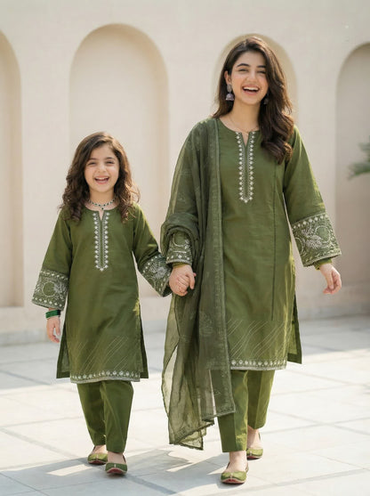 3 PIECE EMBROIDED LAWN SUIT OLIVE KCG 4000